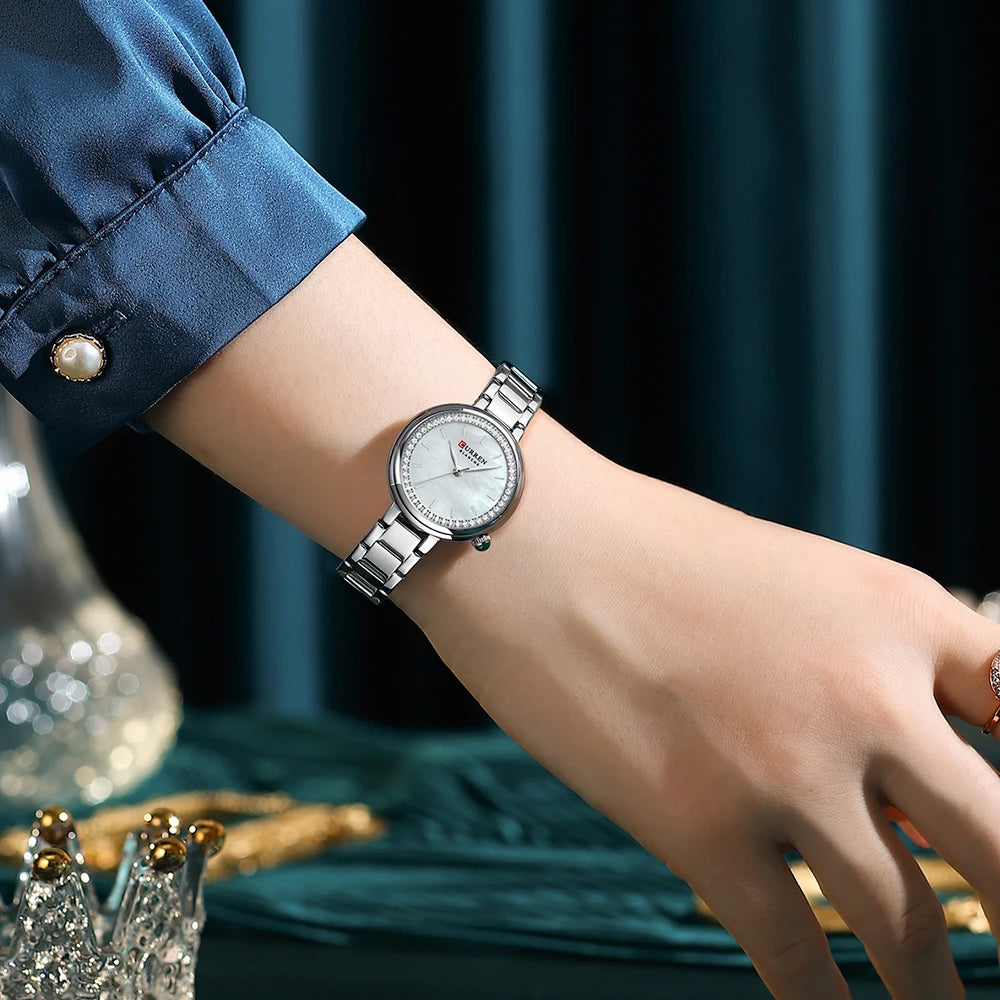 CURREN Luxus Uhr Damen Ring Halskette Ohrringe - Strass Mode Armbanduhr Weiblich Casual Damen Uhren Armband 5-teiliges Set