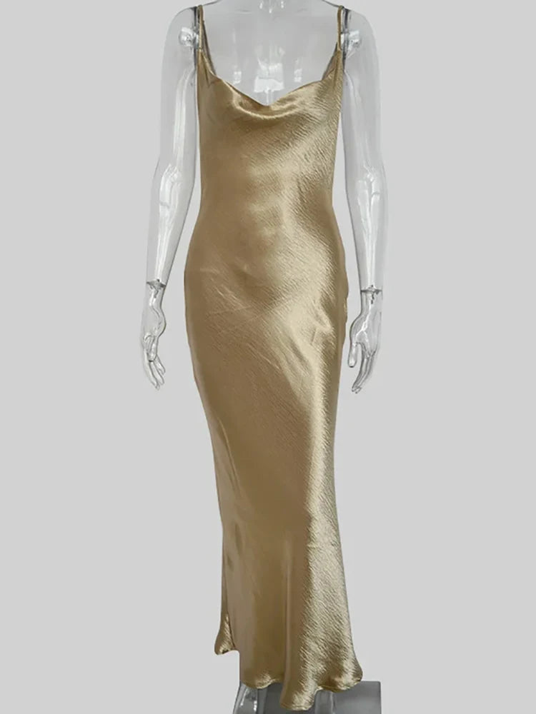 JULISSA MO Elegant Spaghetti Kleid - Rückenfrei Satin Maxi