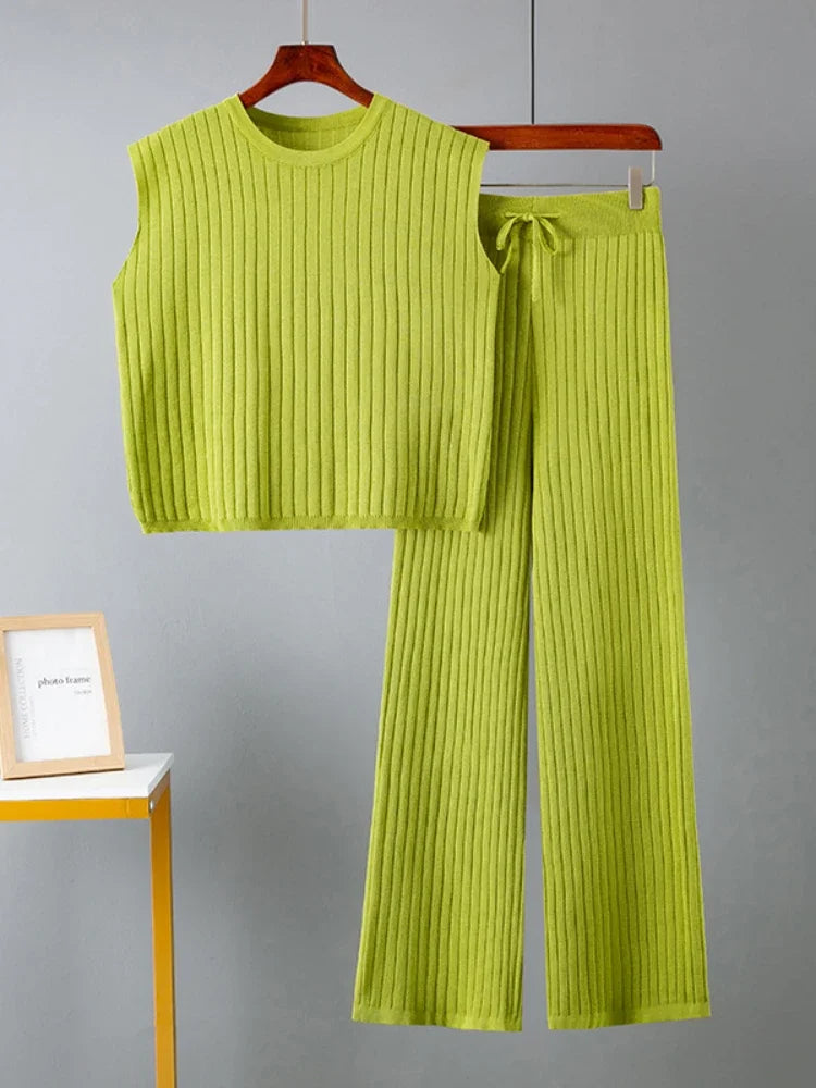 Elegant 2-Piece Sets for Women, Casual Knitting, Sleeveless, O Neck Tops, Loose Lace Up, Wide Leg Pant Set, Summer Fashion, New