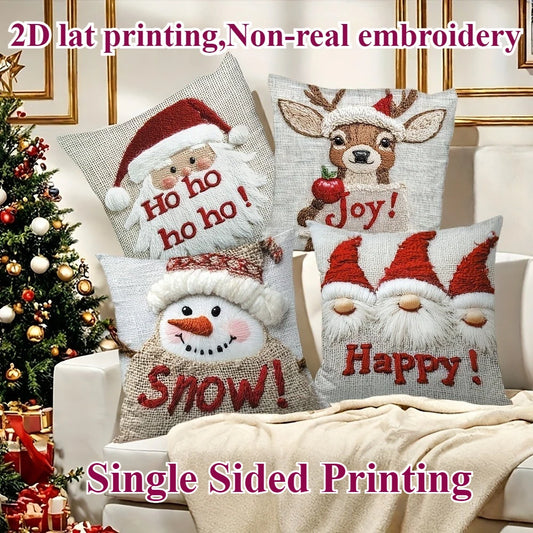4Pcs Christmas Throw Pillow Covers 17.72x17.72in Santa Snowman Gnome Designs Zippered Washable for Home Sofa Bedroom Decor