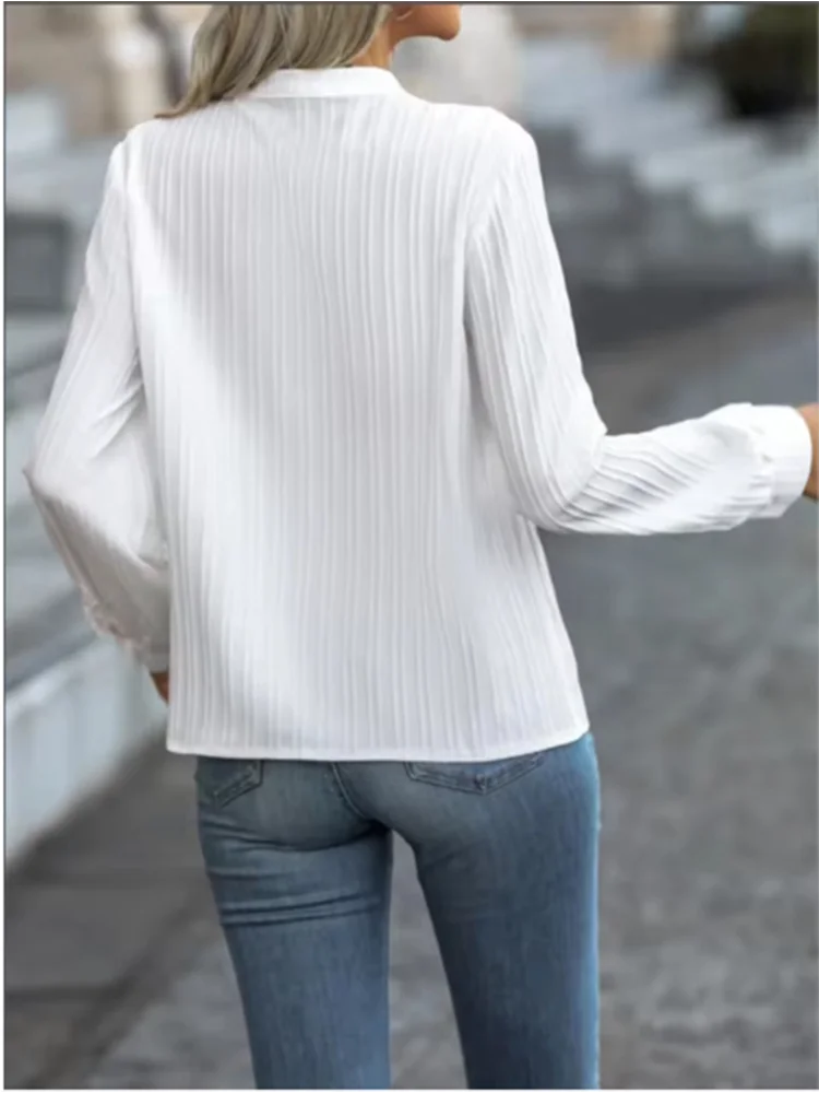 Elegant Office Lady White Shirt Women V-Neck Long Sleeve Lace Spring Autumn Work Clothes