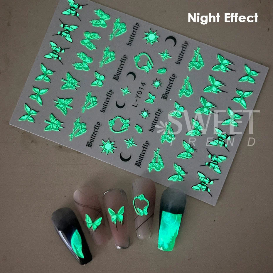 Nagel-Sticker 2025: 3pcs Luminous-Butterfly Glow-Dark - Manicure Art Collection
