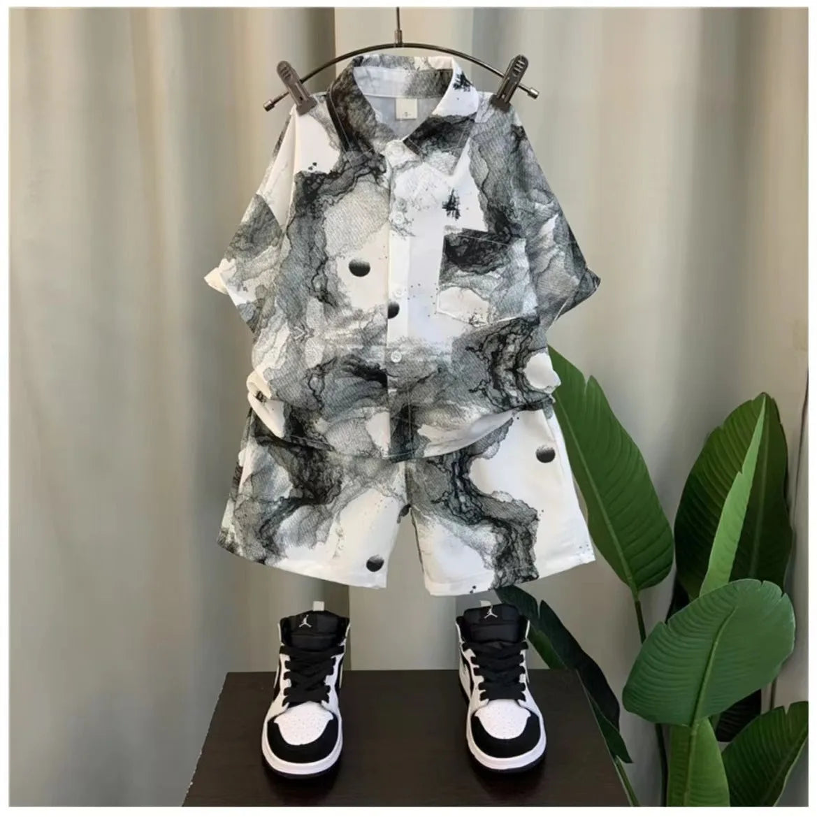 New 2024 Summer Kids Clothes Sets Baby Boys Short Sleeve Lapel Tie-dye Print Shirt Top with Shorts Children Casual Clothing