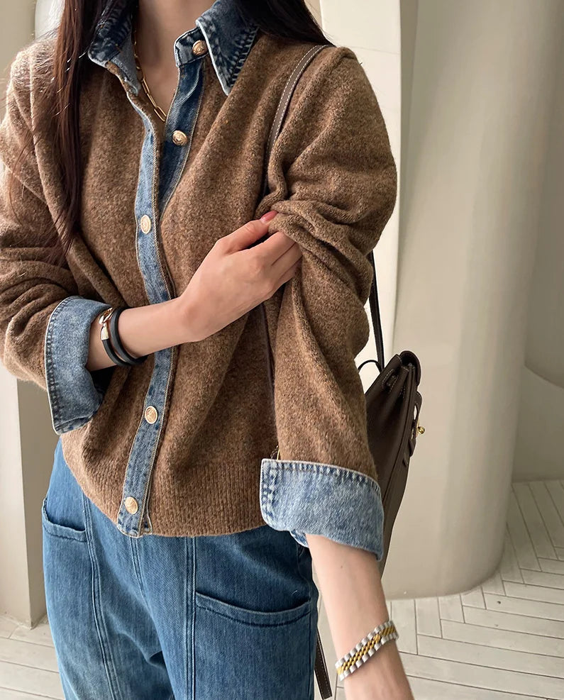 BigLargiCN Strickcardigan Herbst Denim Patchwork Damen Korean Stil - Gewicht 120–220 g/m² Länge Regular Lockere Passform