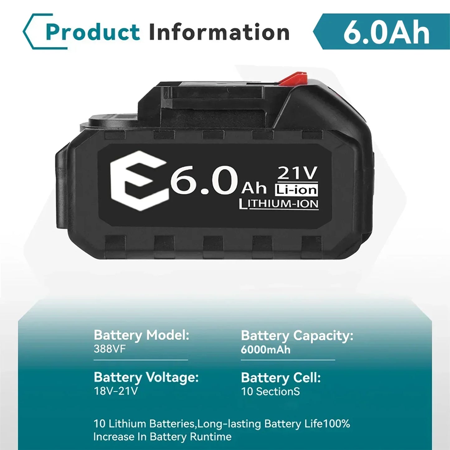 Makita 21V 6000mAh 5S2P Li-ion Battery for Power Tools Drills High Capacity Fast Charge Rechargeable with Protection Circuit