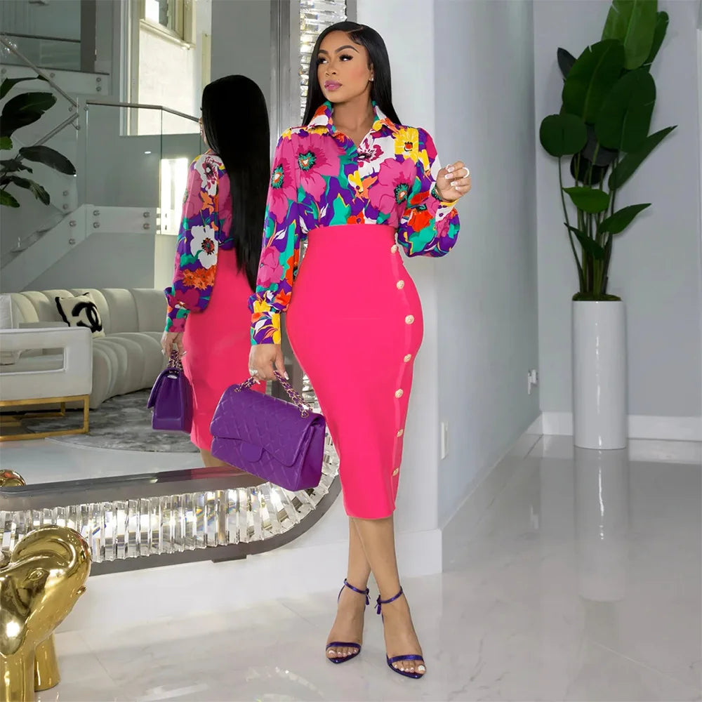 Elegant 2 Piece Set Women OL Outfits Fashion Business Long Sleeve Print Blouse Shirt High Waist Bodycon Skirt Sexy Office Work