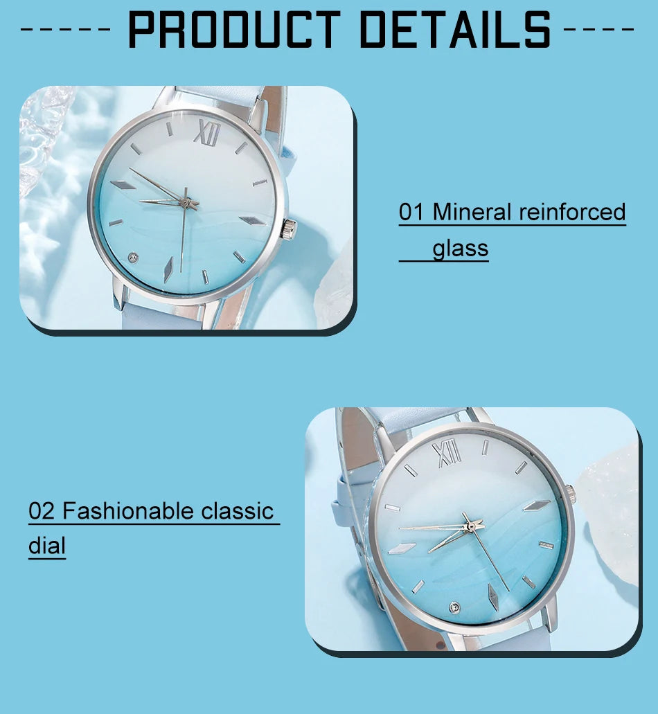 Moda 6er Set Quarz Uhr Damen - Blau Strass Leder 18mm