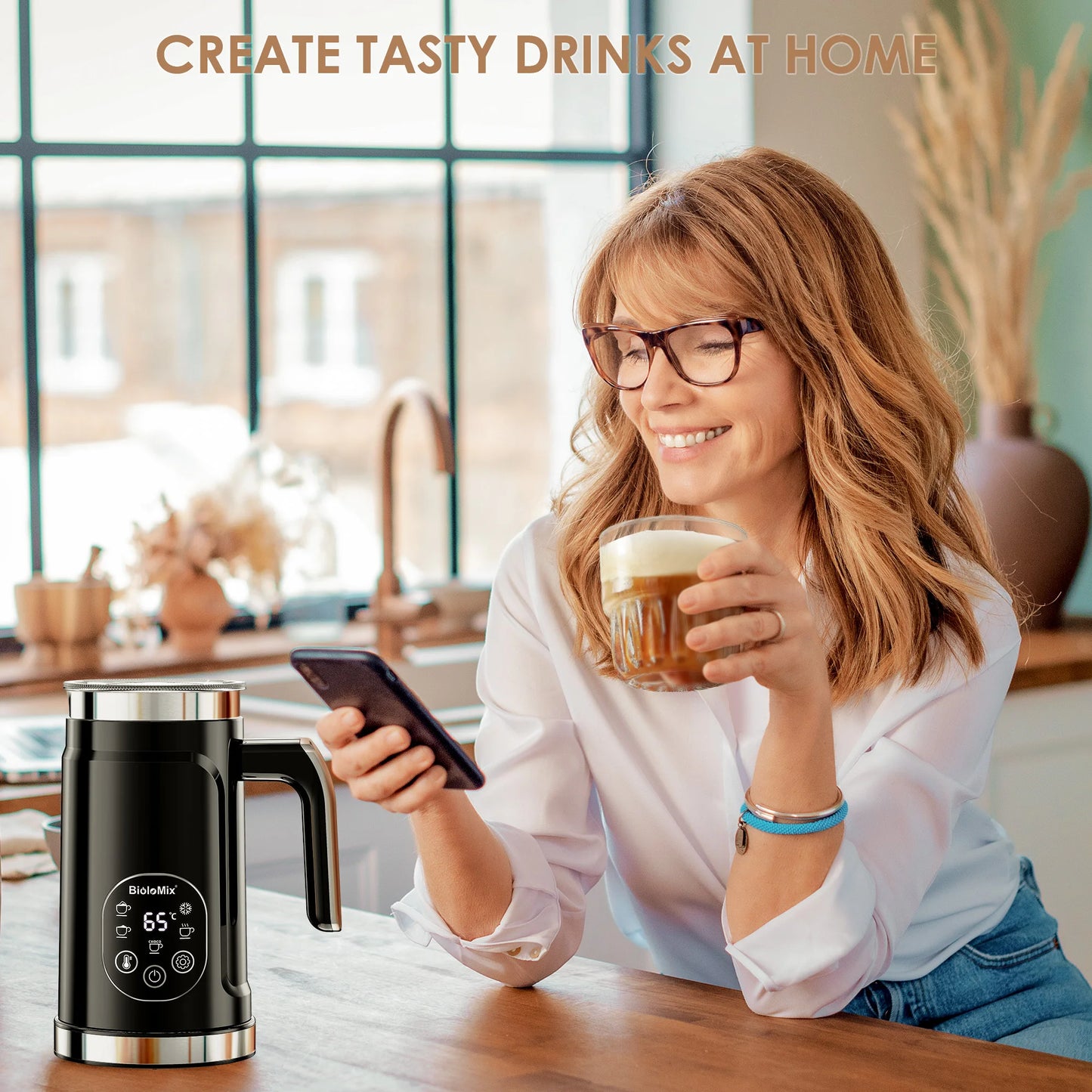 BioloMix 5-in-1 Milk Frother with Upgraded LED Display Touch Screen - Hot And Cold Foam Maker Milk Warmer for Coffee Latte