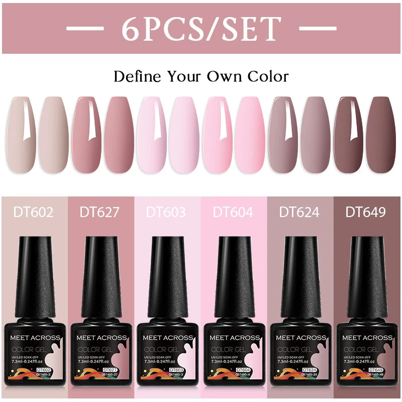 MEET ACROSS 6Pcs/Set 7.3ml Gel Nail Polish For Nails Nude Brown Semi Permanent Nail Art LED UV Gel Varnish Nail Supplies