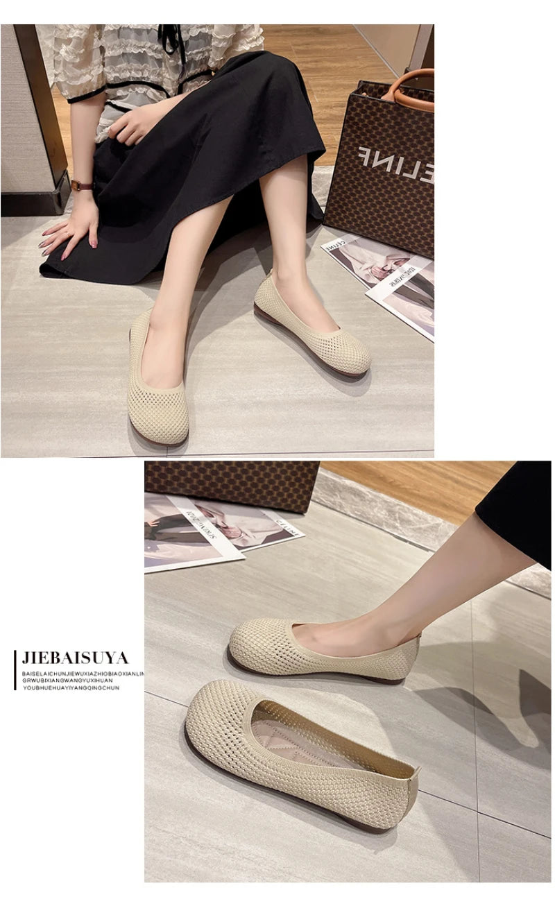 Big Size 42 Women Flats Knitted Breathable Sneakers Ladies Soft Bottom Ballet Loafers Casual Slip on Boat Shoe for Woman
