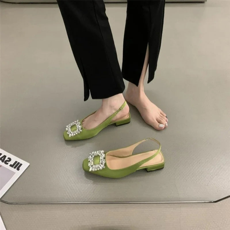 Fashion Women's Sandals Summer New Slingback Slippers Female Low Heel Rhinestone Buckle Back Strap Sexy Pumps Sandalias De Mujer