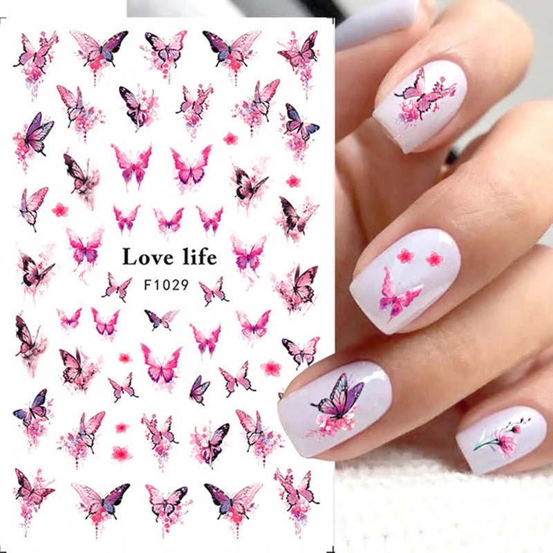 New Spring Fresh Flowers Butterfly 3D Nail Stickers Colorful Laser Butterflies Geometric Pattern Stickers Nail Decoration 1PCS