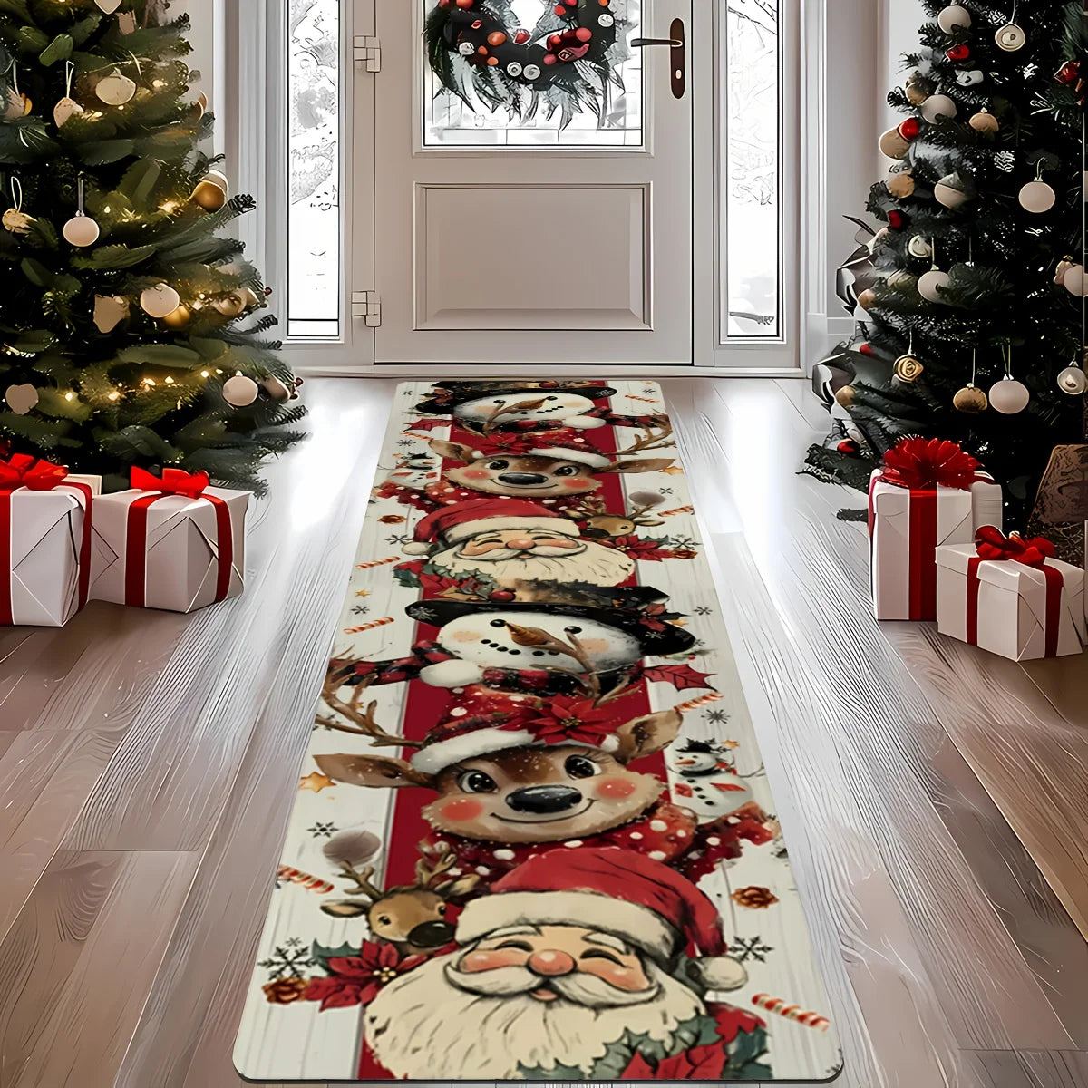 Extra-Long Red & Golden Christmas Runner Mat Long Christmas Runner Rugs Washable Balcony Carpet Home Decor Floor Mat for Hallway