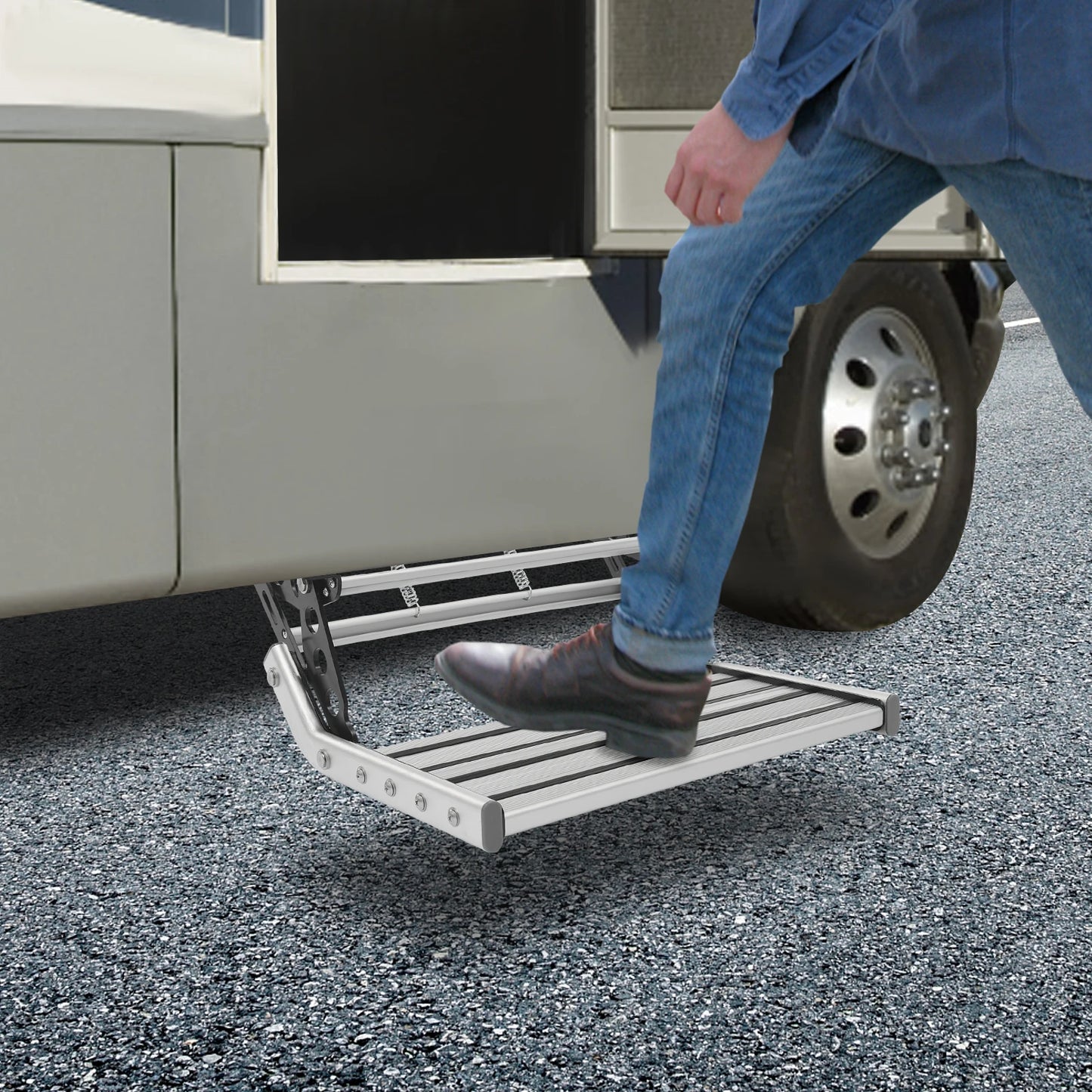 Bymaocar Manual Rv Step with 12v LED Light Aluminum Manual Folding Rv Step Rv Camper Step