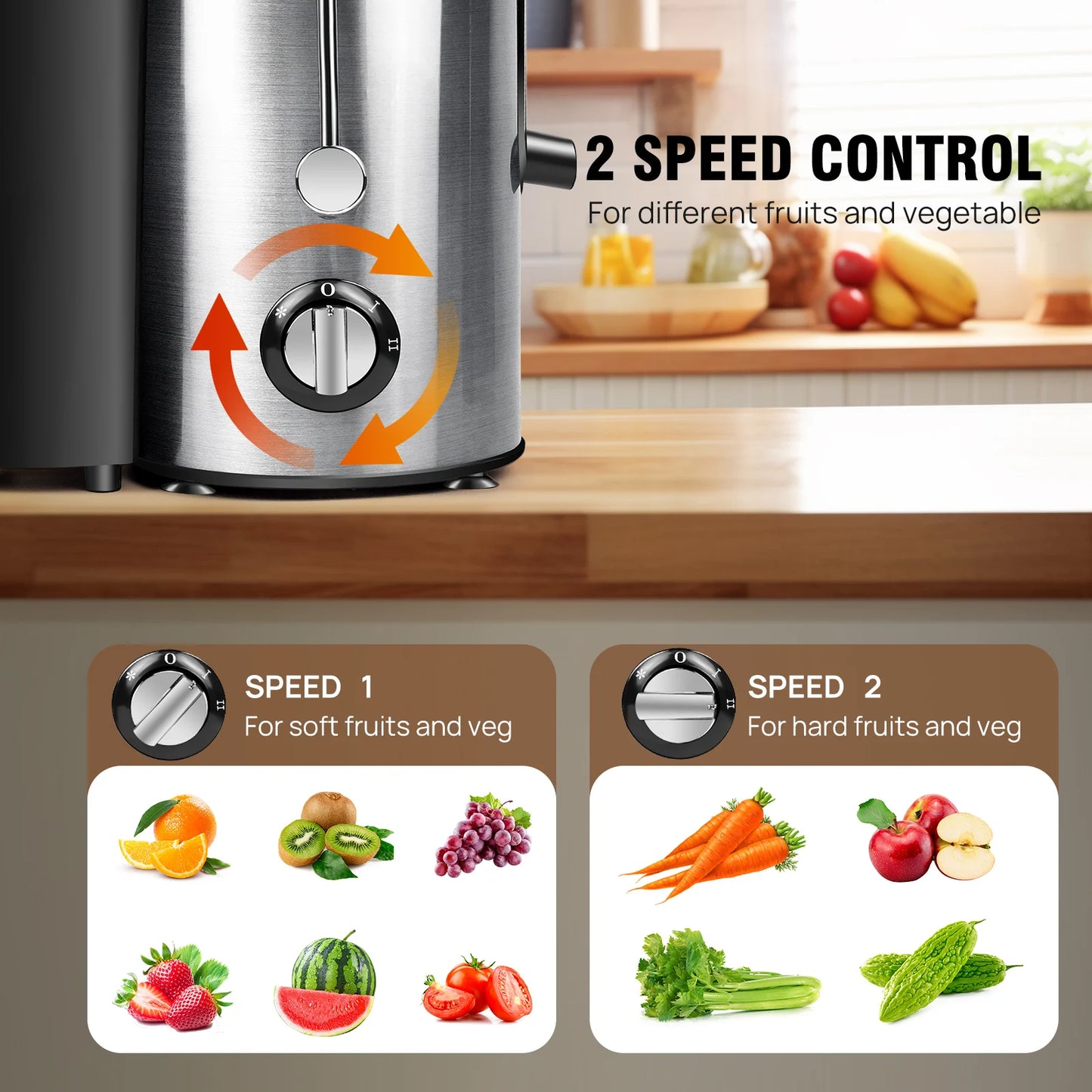 900W Zentrifugal-Saftor - Für ganze Früchte und Gemüse, 65mm breite Öffnung, 2 Geschwindigkeiten, 500ml Kapazität