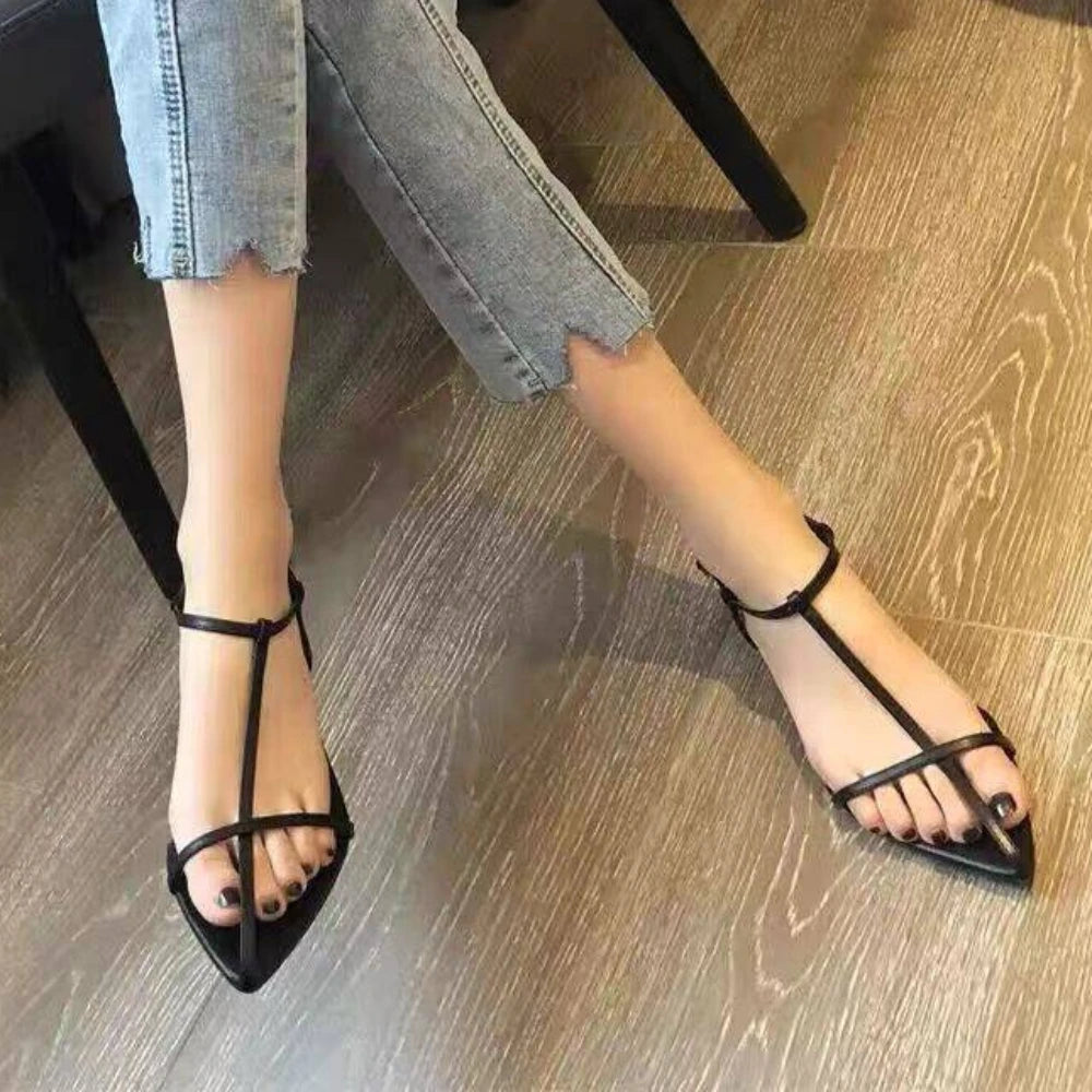 Women Flats Sandals Pointed Toe Narrow Band Design Sandals Ankle Buckle Strap Clip Toe Roman Style Casual Beach Ladies Shoes