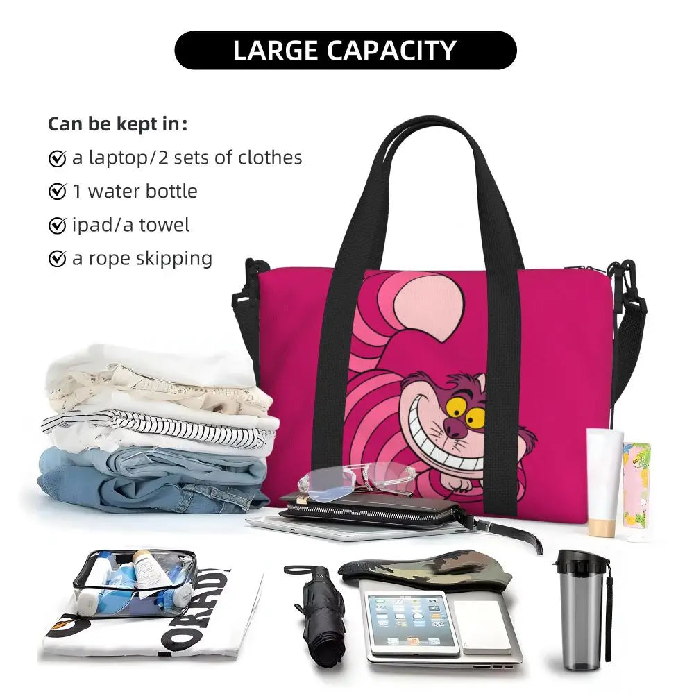 Custom Cheshire Cat Beach Tote Bag for Women We're All Mad Here Cat Big Compartment Gym Beach Travel Bags