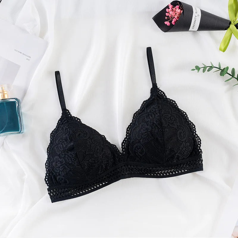 Damen Bralette 2025 - Blumen-Spitzen BH mit tiefem V-Ausschnitt & Push-Up Effekt
