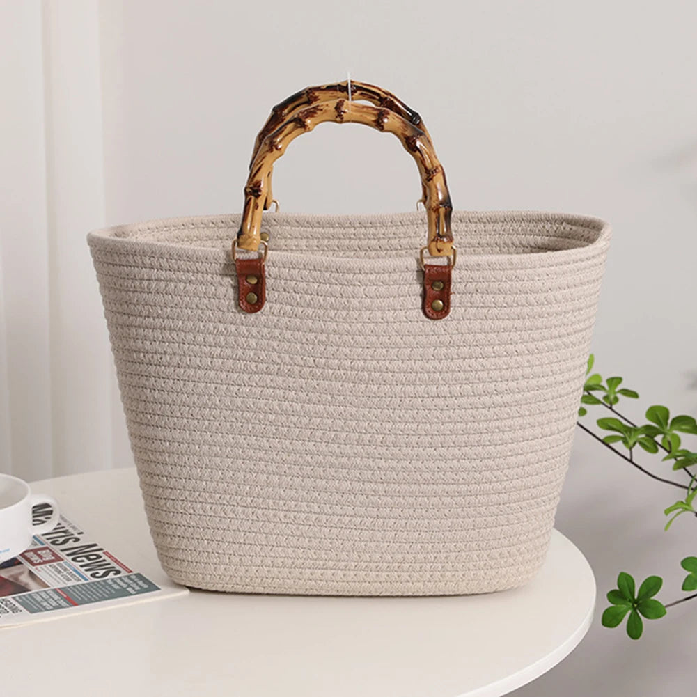 Beach Vacation Bags Bamboo Handle Women Weaving Bag Large Capacity Striped Portable Casual Fashion Exquisite for Seaside Party
