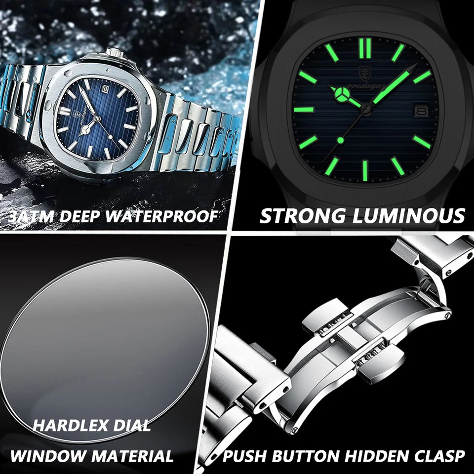 POEDAGAR Luxury Watch 2024 New Business Waterproof Male Clock Luminous Date Stainless Steel Square Quartz Men Watch reloj hombre