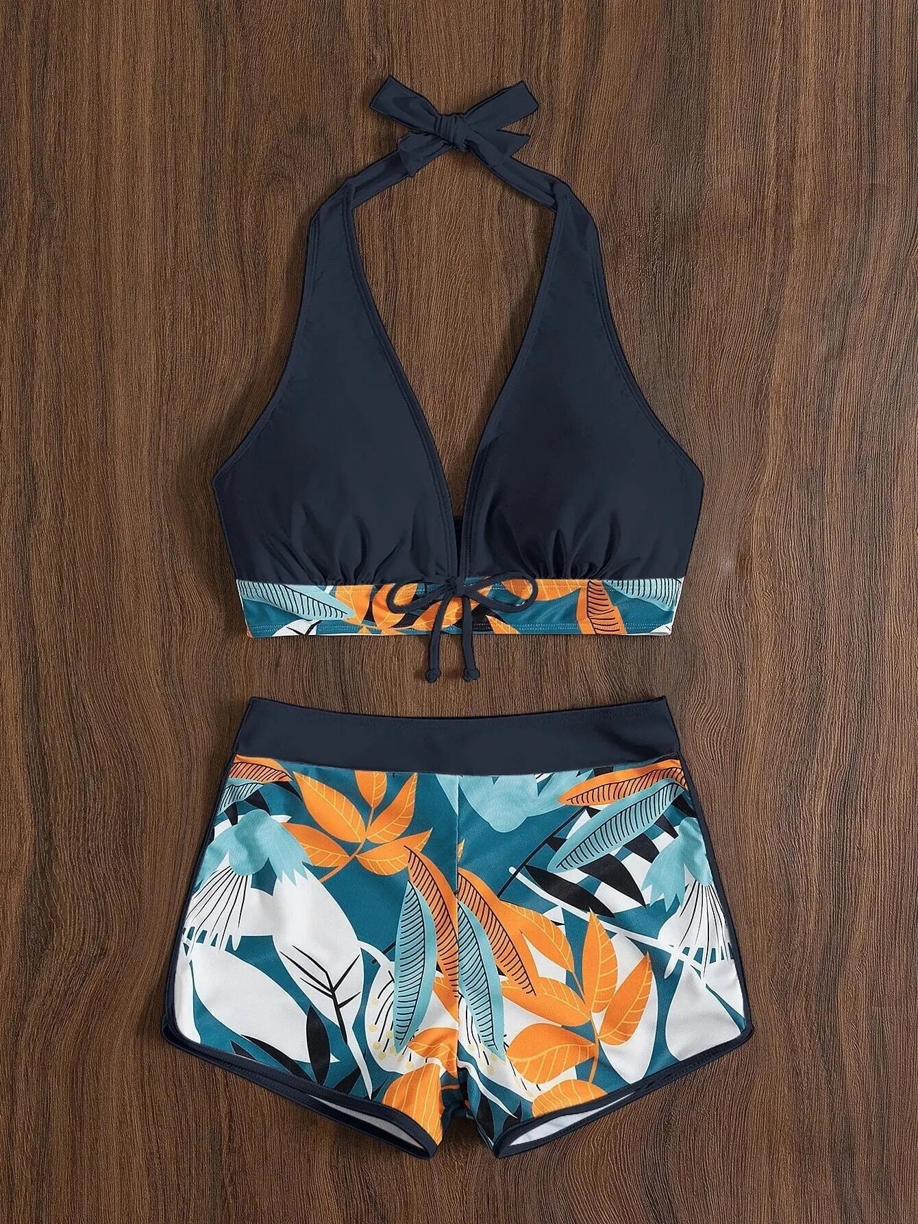 Halter Bikini Set: High Waist Design Wire-Free Support Spandex Polyester - Kurzer Schwimmanzug Frauen Bedruckte Bademode Polsterung Strandmode