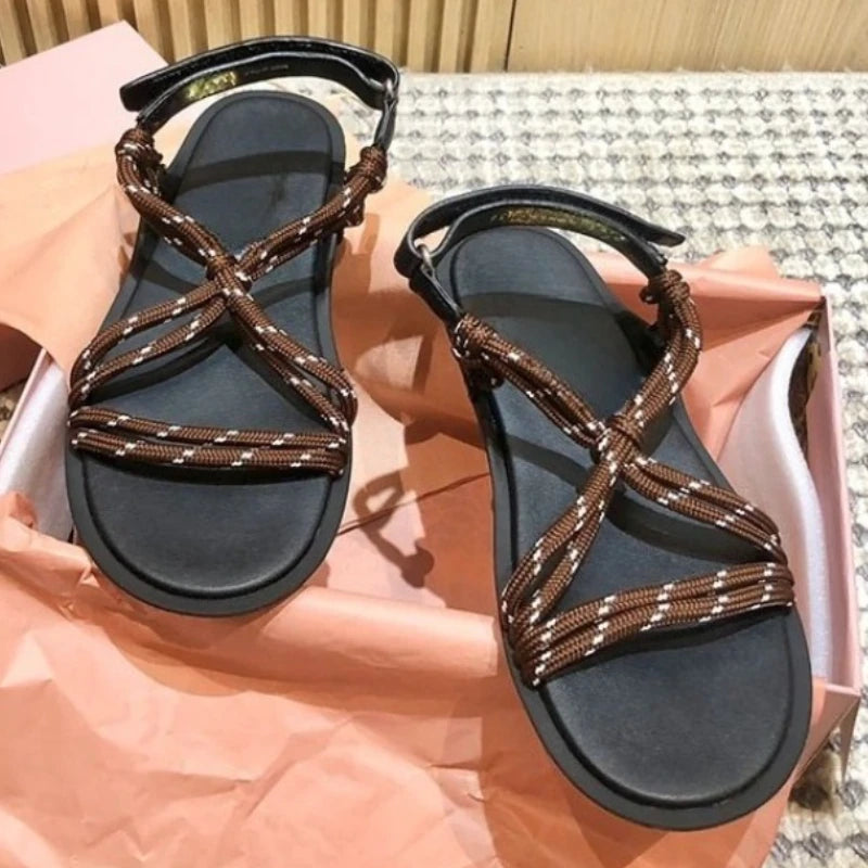 Damen Seil-Knoten Zehentrenner Sandalen - Weiche Sohle Komfort Sommer - Geflochtene Riemen Fashion Sandalen