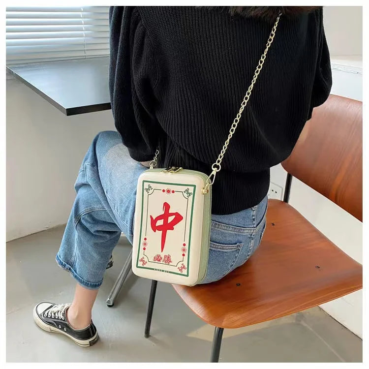 Chinese Mahjong Crossbody Bag for Women, Creative, Interesting, Printing, Chain, Shoulder Bag, PU Leather, Messenger Bag Fashion