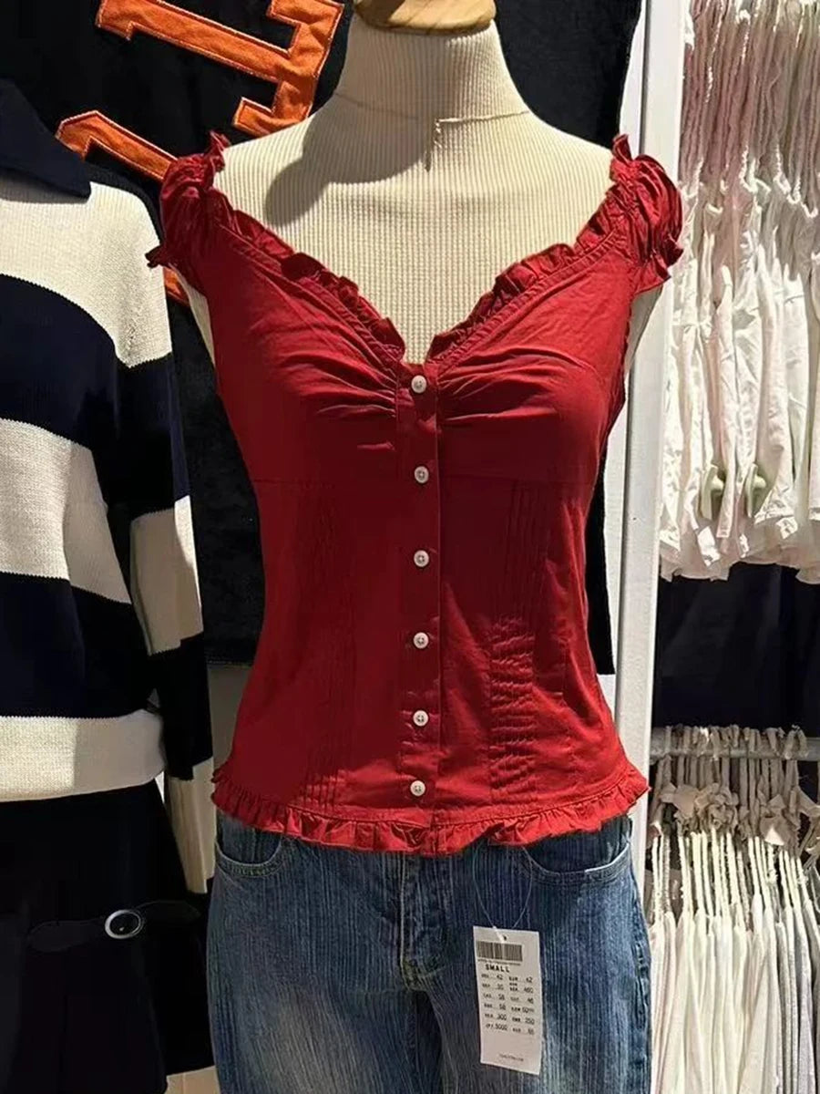 Blue Plaid Ruffles T-shirt Women Summer Folds V-neck Single Breasted Short Sleeve Tee Shirts Sweet Girls Cotton Slim Crop Top