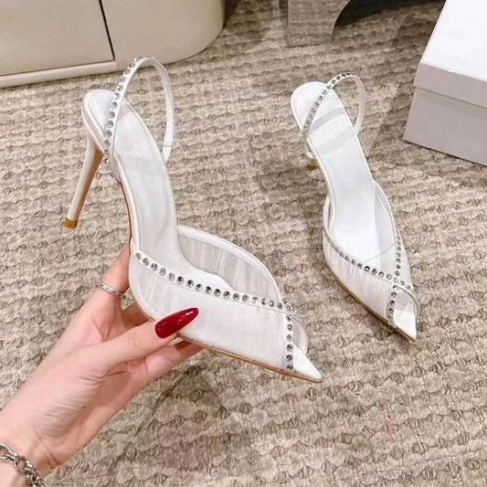Elegant Women Pointed Toe Rhinestone High Heeled Shoes for Woman's Lace Peep Toe Thin Heels Sandals elegant Ladies Wedding Pumps