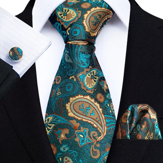 Luxury Mens Ties Floral Black Gold Ties Paisley Grid NeckTie Pocket Square Cufflinks Set Men's Wedding Party Tie