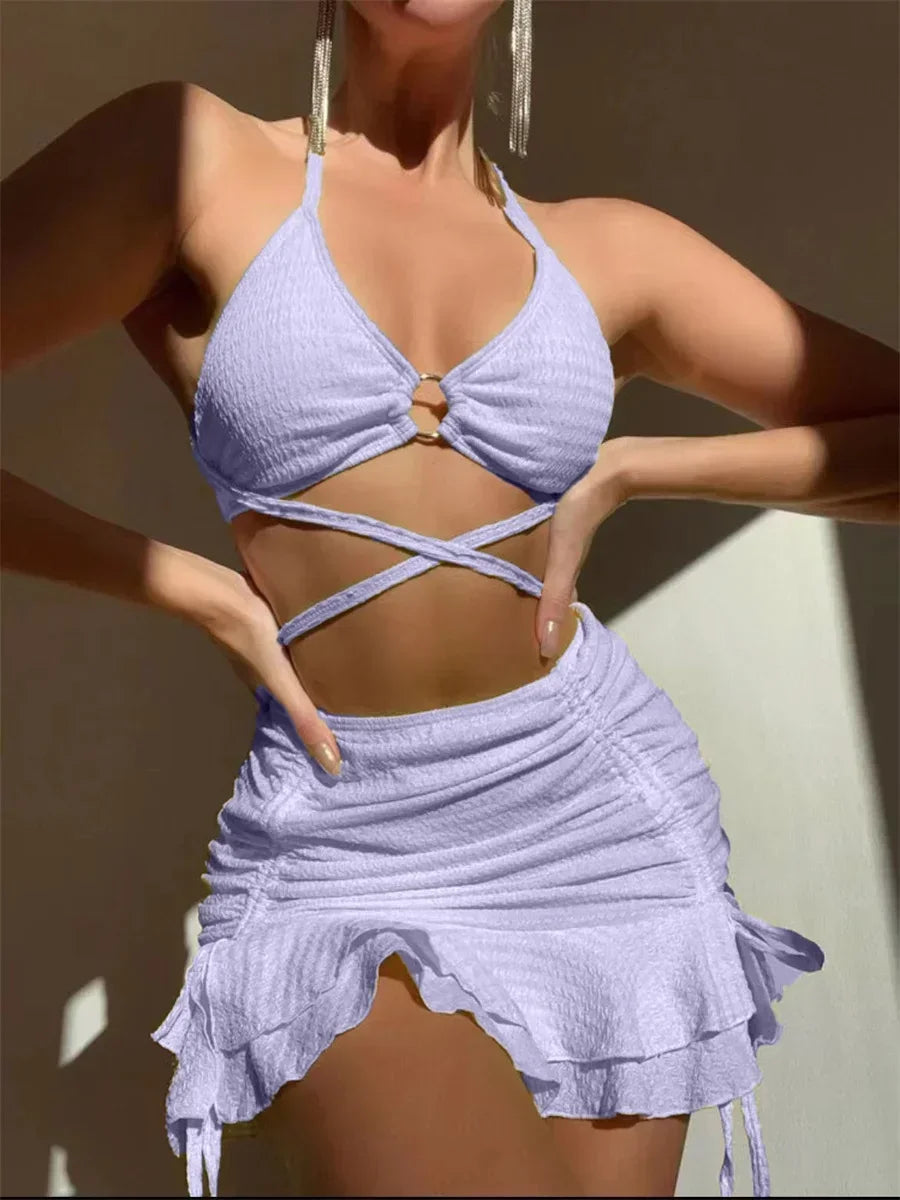 Elegant Gelber Bikini: Daxiyee Solid Halter Ring Wire-Free Low Waist - Criss Cross Cover Up 3 Teilig Rüschen Rock Office Lady