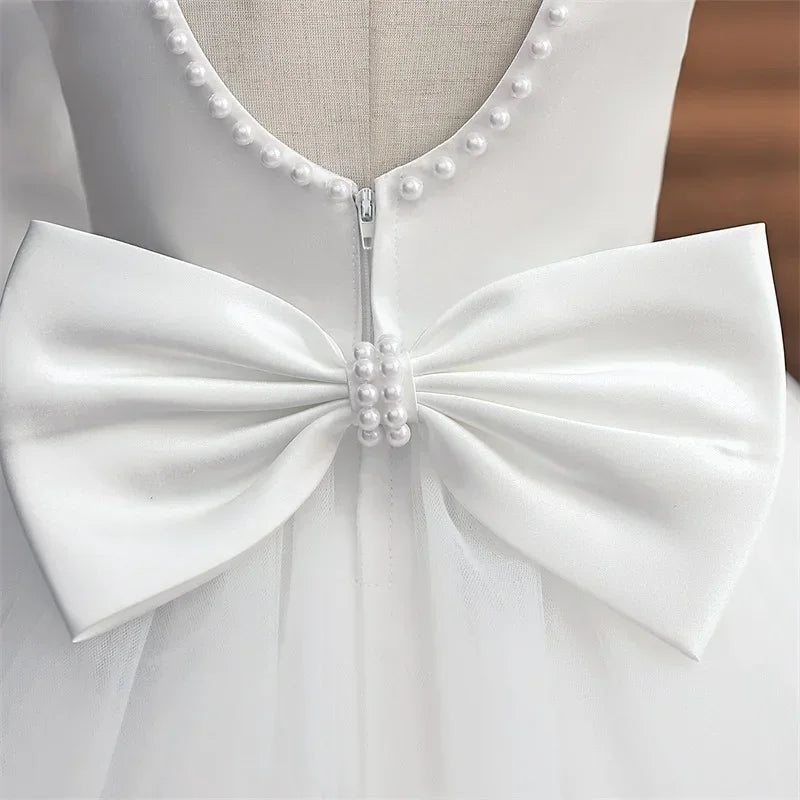 Baby Mädchen Kleid Große Schleife Perlen Rückenfrei 1. Geburtstag Party Kleid Säugling Mädchen Prinzessin Hochzeit Tüll Kleid Taufe Kleid 1-5J