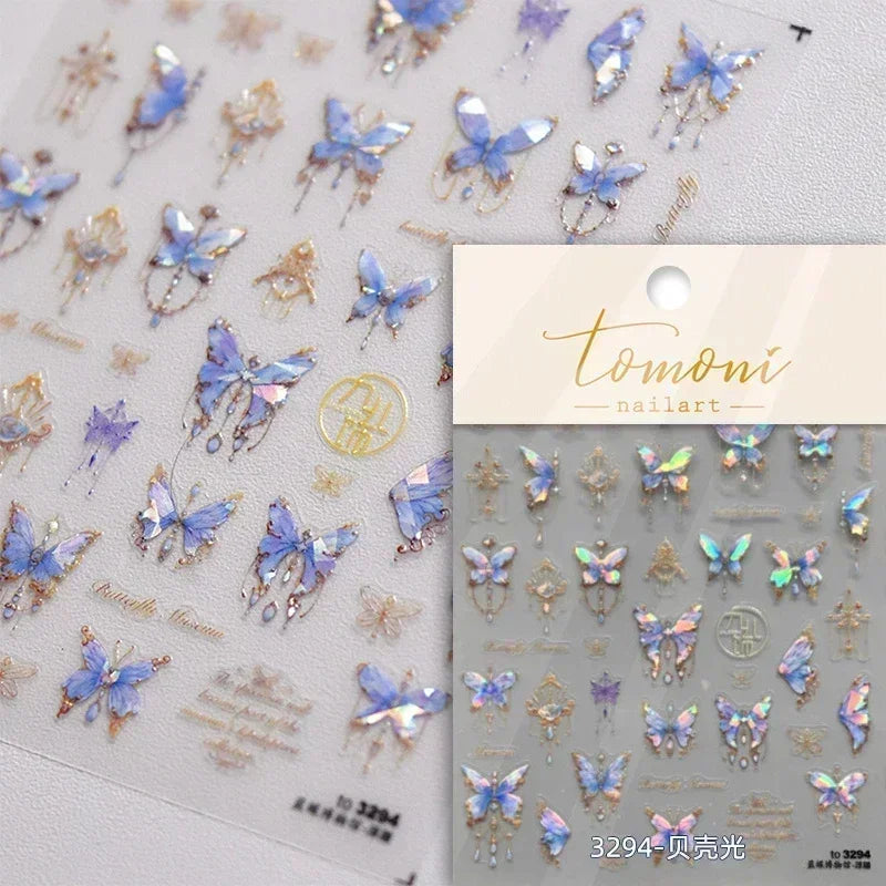 Fantasy Shiny Shell Light Butterfly Rhinestone Bohemia Hot 5D Soft Embossed Relief Nail Art Sticker 3D Decal Decoration Manicure