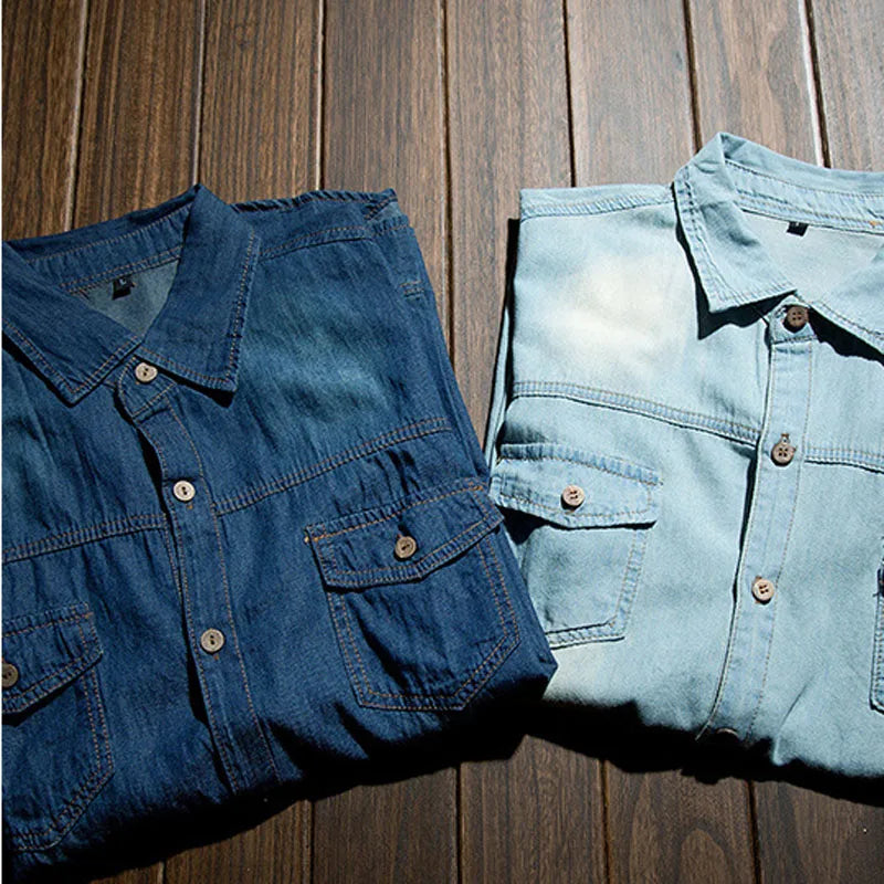 Fashion Classic Retro Jeans Shirt with Pocket Slim Fit Tops Men Clothing for Spring Men's Long Sleeve Denim Shirt Blue MY850
