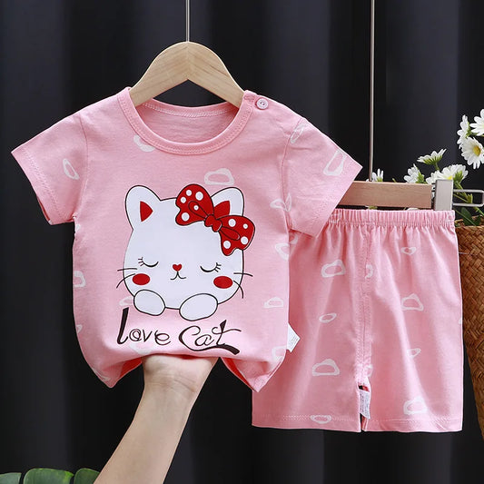 Girls Clothes Sets Infant Kids Sweet Tops Suit Summer Boys Short-Sleeved T-Shirt Shorts 2Piece New Baby Cute Cartoon Outfit