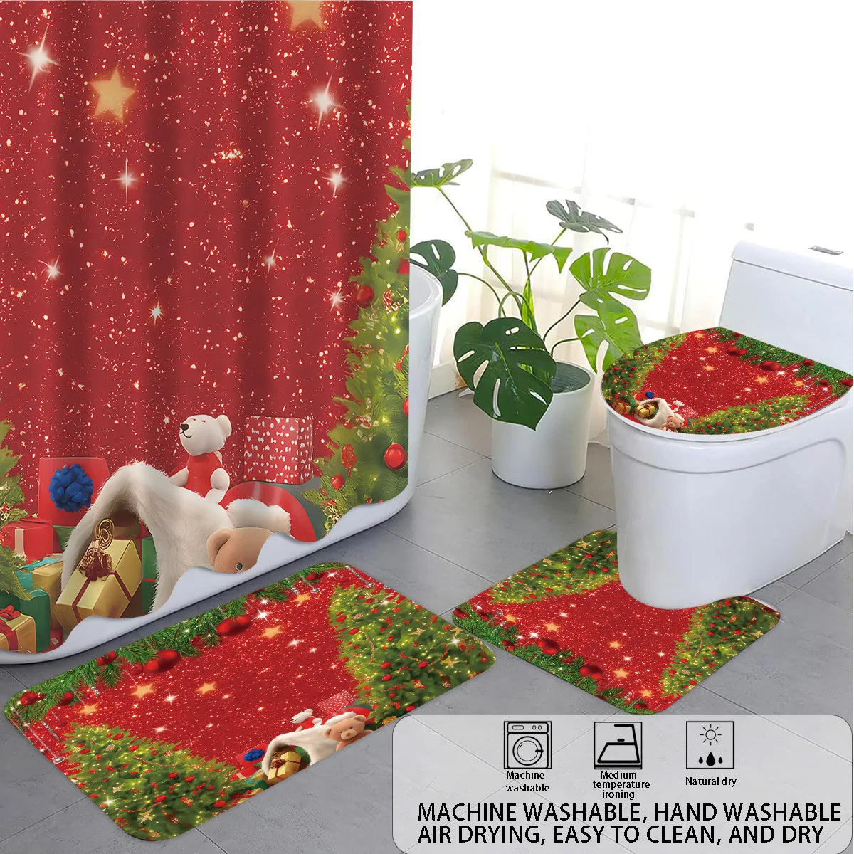 4pcs Merry Christmas Christmas Tree Printed Bathroom Set 180x180 Waterproof Shower Curtain, Floor Mat, U-shaped Mat, Toilet Mat