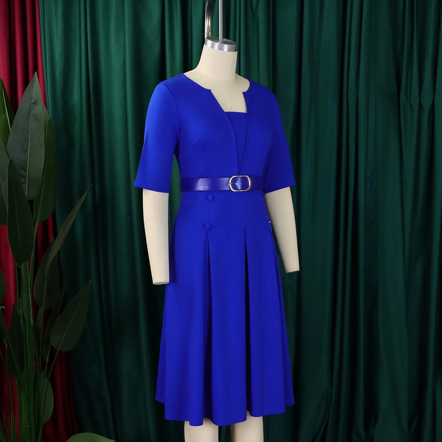Elegante Kleider Für Frauen 2025 Neu V-Ausschnitt Halbe Ärmel Gürtel Taille Plissiert Midi Mode Weiblich Bescheiden Business Arbeit Kleider OL