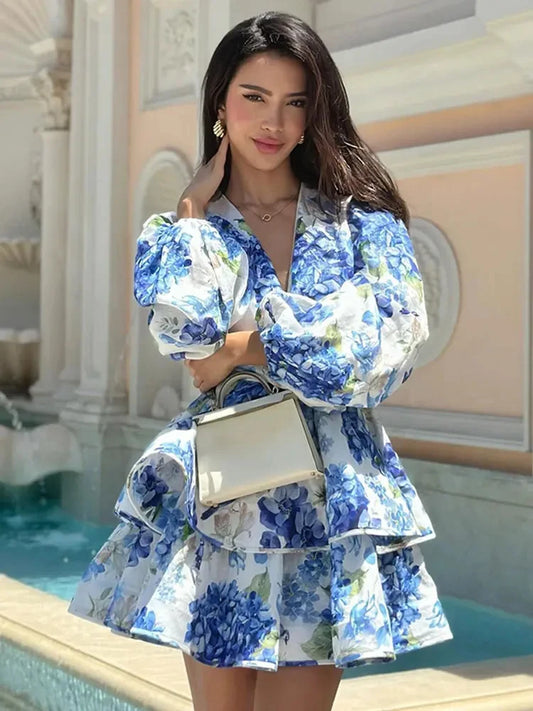 Women Elegant Floral Print V-neck Ruffle Mini Dress Summer elegant Long Puff Sleeved High Waist Vestidos Female Beach Vacation Robe