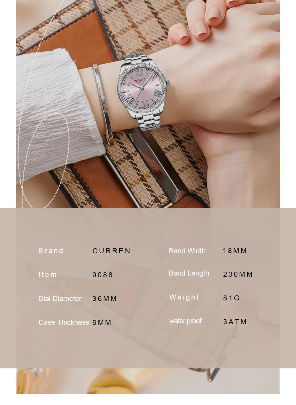 CURREN Luxus Uhr Damen Ring Halskette Ohrringe - Strass Mode Armbanduhr Weiblich Casual Damen Uhren Armband 5-teiliges Set
