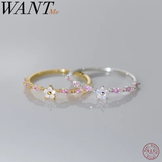 WANTME 925 Sterling Silver Romantic Pink Zircon Flower Open Finger Ring for Women Fashion Sweet Girl Party Luxury Trend Jewelry