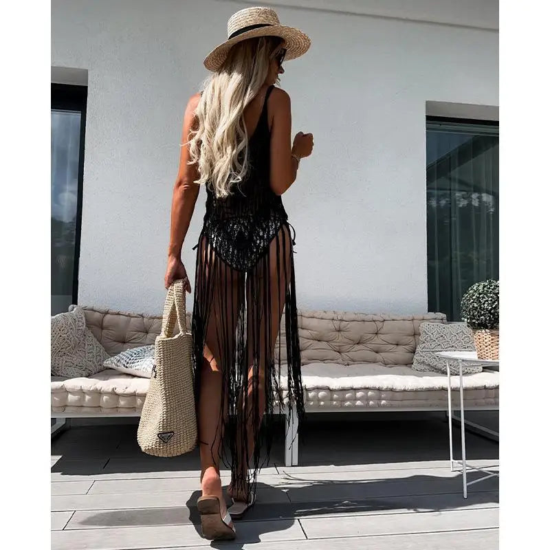 Strand Cover Ups: Hand Hook Hollow Out Spandex Polyester - Elegant Sonnenschutz Shirt Lange Quasten Beach Style Gestrickt