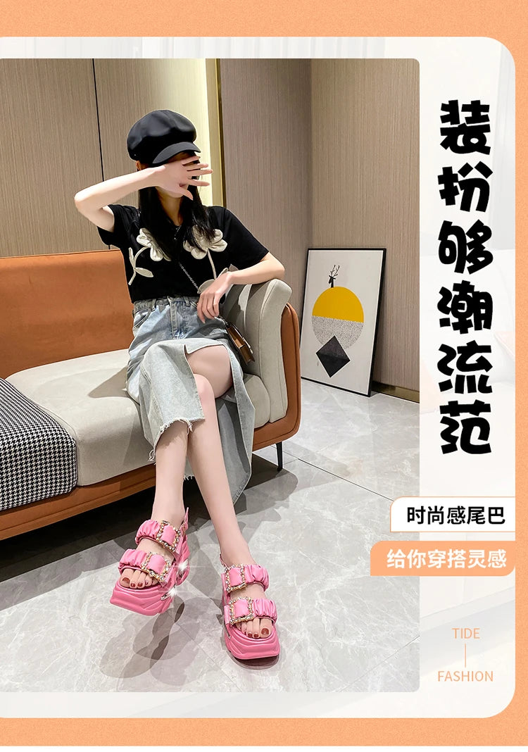 Women's Bling Strap Chunky Sandals Summer 2023 Thick Bottom Wedges Beach Slippers Woman Fashion Pink High Platform Sandals Mujer