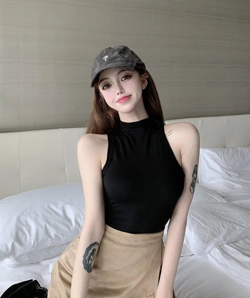 Sexy Tank Top Solid Halter Crop Tops Women Summer Camis Turtleneck Camisole Fashion Casual Tube Female Sleeveless Cropped Vest