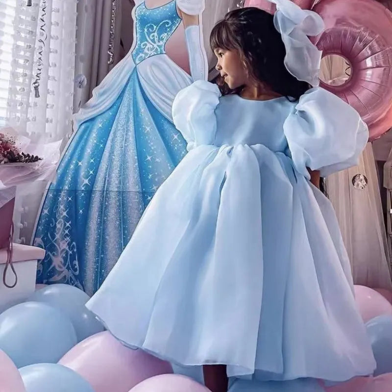 Fashion Girl Princess Vintage Dress Tulle Child Vestido Puff Sleeve Pink Wedding Party Birthday Tutu Dress Child Clothes 1-10Y