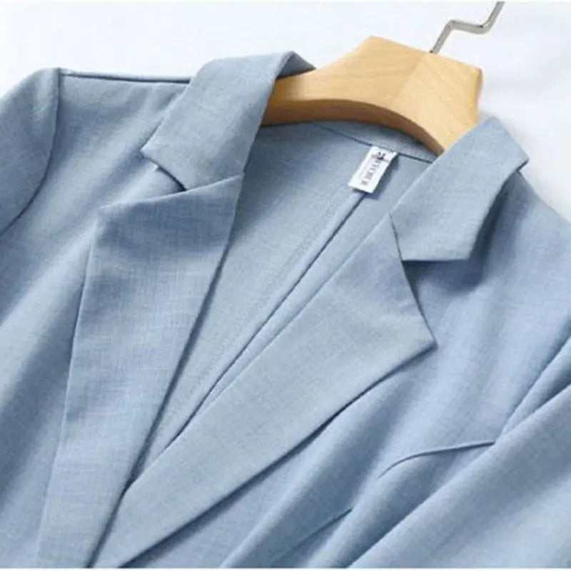 Blue Solid Casual Turn-Down Collar Single Button Three Quarter Sleeve Women's Jacket Suit Blazer Short Jackets Coat 2024 Fashion