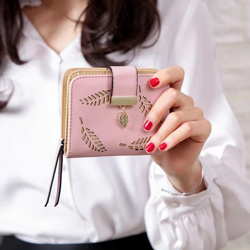 Luxus Frauen Geldbörse Leder Portemonnaie Kurz Reißverschluss Clutch Tasche Klein Ausgehöhlt Blätter Design Mode Marke Geldbörsen