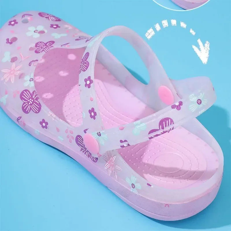 Women's Pink Floral & Butterfly Print Transparent T - Strap Jelly Sandals - Comfortable & Stylish Summer Printed Hole Shoes
