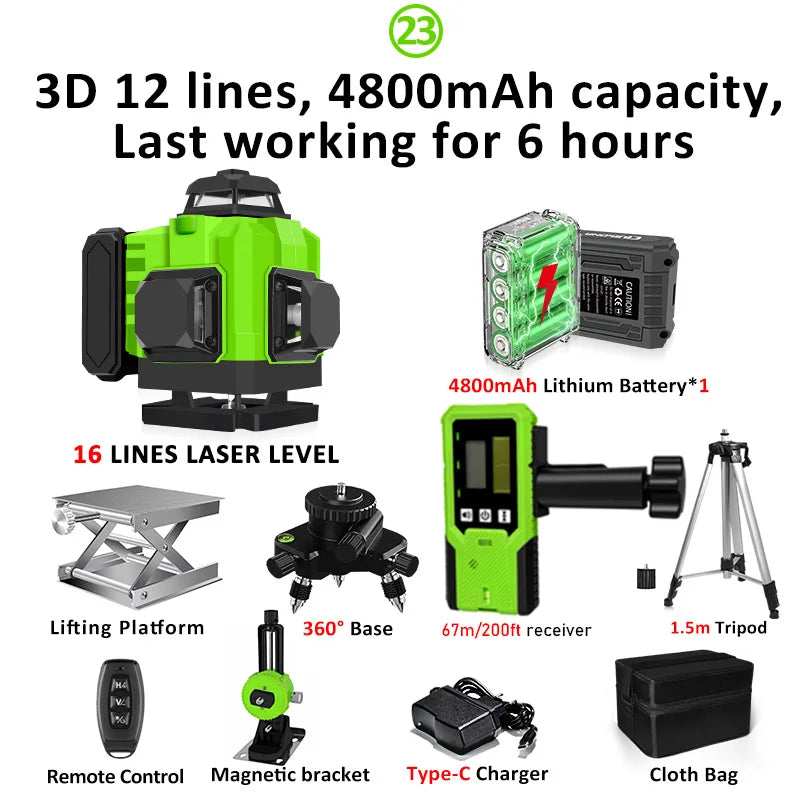 CLUBIONA 16/12 lines Self-leveling Remote Control Outdoor Mode - Receiver Auto 3x360 Green beam Line Laser Level