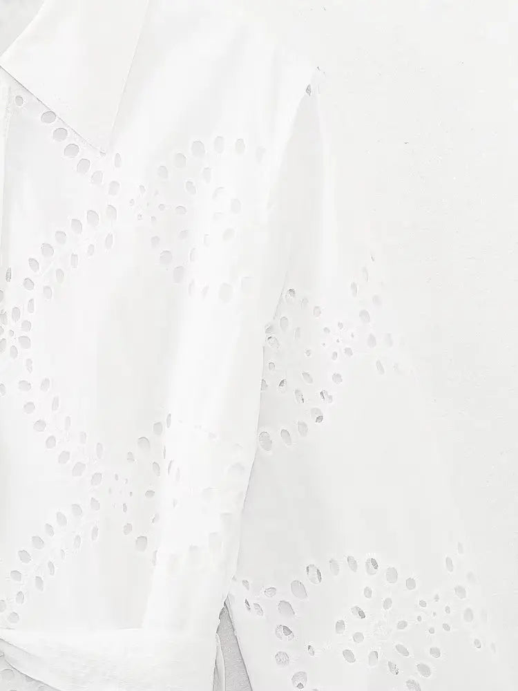 Elegant Embroidered White Dress Women Chic Lapel Long Sleeve High Waist Lace Up Maxi Dresses Fashion Female Hollow Out Vestidos