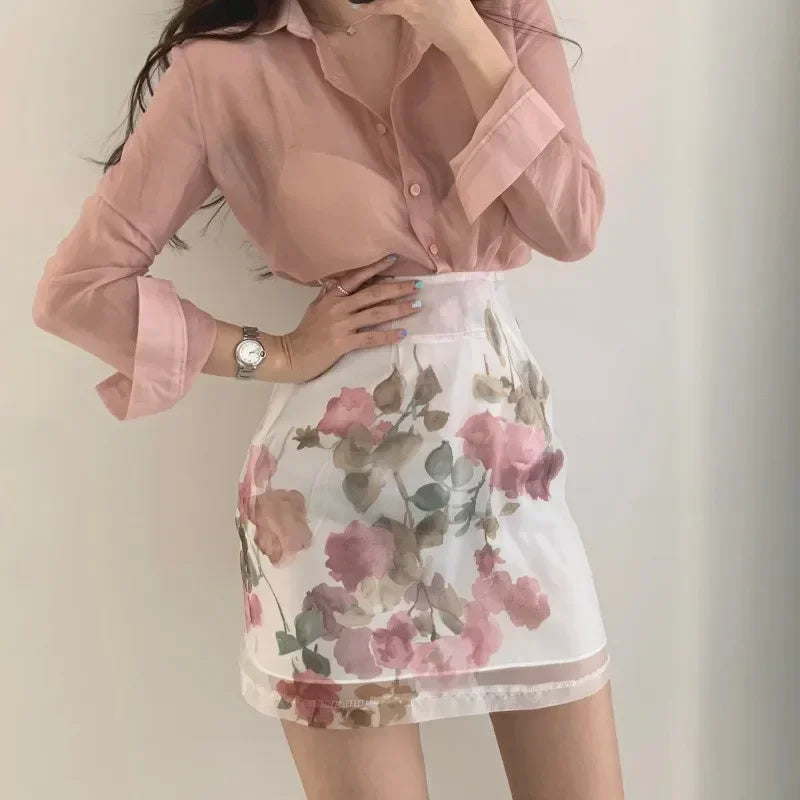 Elegant Women 2 Piece Sets Black Pink Sheer See-through Long Sleeve Shirt+High Waist A-line Floral Print Skirt Sets 2pc OL Suits